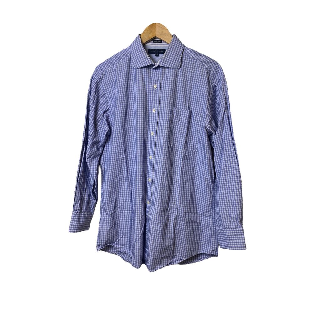 Tommy Hilfiger Men's Button-Down Dress Shirt Blue White Plaid Size 16 (32-33)